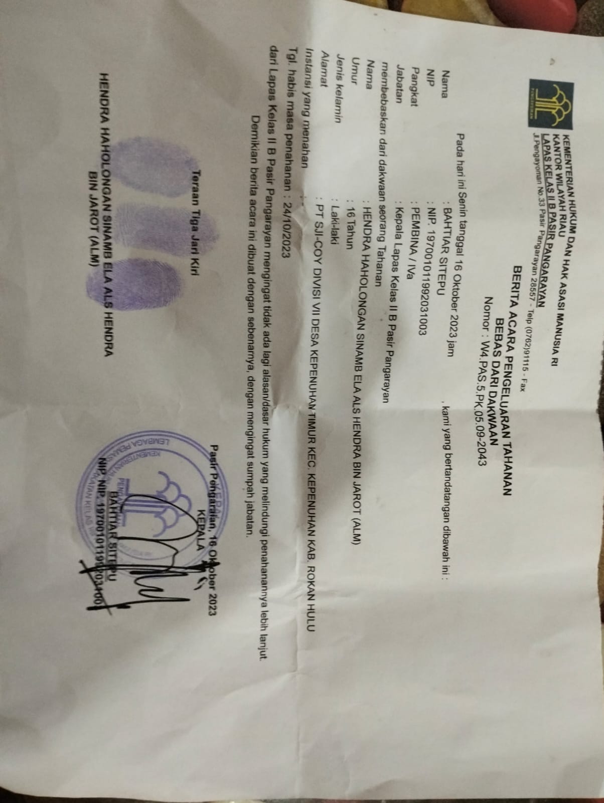 Kalapas Kelas IIB Pasirpangaraian Bebaskan Tahanan Anak di Bawah Umur, Ketua KNPI Riau Pak Bahtiar S