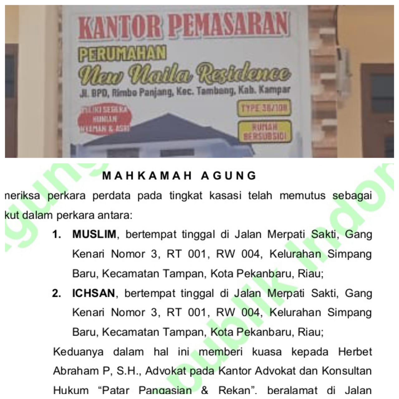 Putusan MA; Lahan Perumahan New Naila Residence Tidak Tumpang Tindih Dengan Lahan Muslim