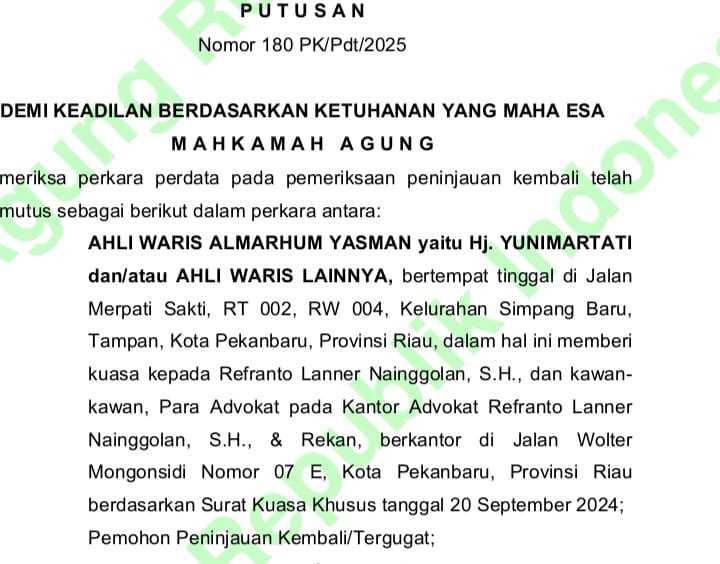 Terkait Perkara Tanah di Merpati Sakti, Mahkamah Agung Tolak Peninjauan Kembali Ahli Waris ALM Yasma