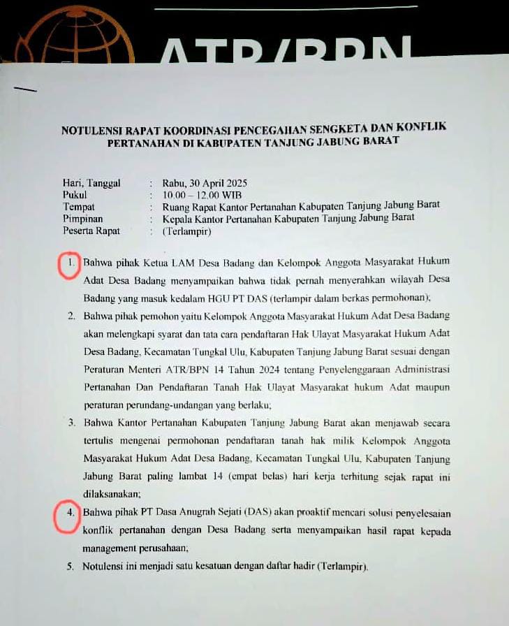 Rakor Pencegahan Sengketa dan Konflik Pertanahan di Kab. Tanjab Barat Belum Ada Kata Sepakat 