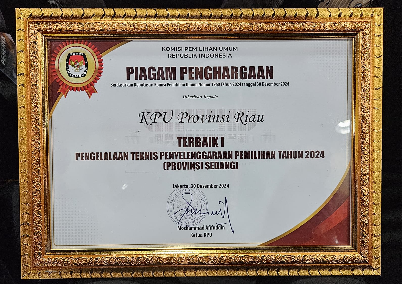 KPU Riau Terima Lagi Penghargaan Terbaik 1 Dari KPU RI
