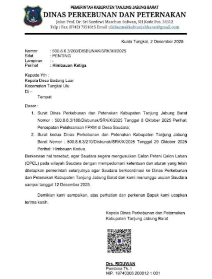 Surat terbaru Kadisbunak Tanjab Barat, M. Ridwan Minta Desa Badang Luar Ajukan CP/CL