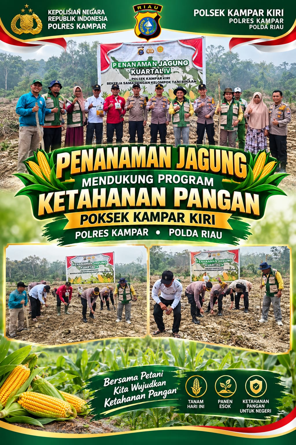 Dukung Swasembada Pangan 2026, Kapolsek Kampar Kiri Bersama Kelompok Tani Toeroba Berkah Tanam Jagun