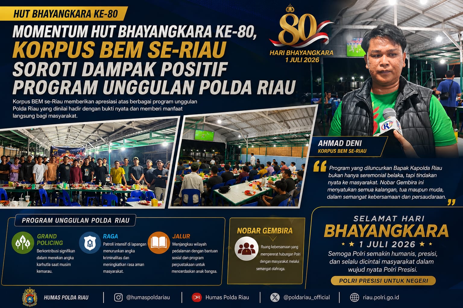 HUT Bhayangkara ke80, Korpus BEM seRiau Apresiasi Program Polda Riau Grand Policing