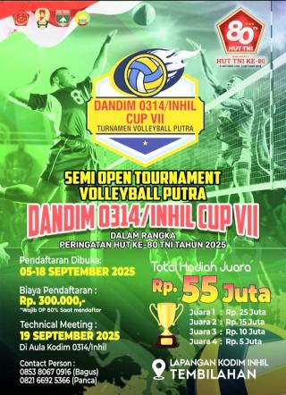 Kodim 0314/Inhil Gelar Semi Open Turnamen Bola Voli Putra Dandim Cup VII dalam Rangka HUT TNI ke-80