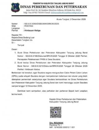 Surat terbaru Kadisbunak Tanjab Barat, M. Ridwan Minta Desa Badang Luar Ajukan CP/CL